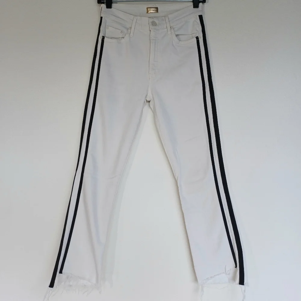 Mother Jeans The Insider Crop Step Fray in White with Black Stripes - Picture 5 of 16